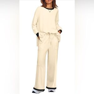 Aleumdr  2 Piece Side Split Top with Wide Leg Pants Matching Loungewear Set